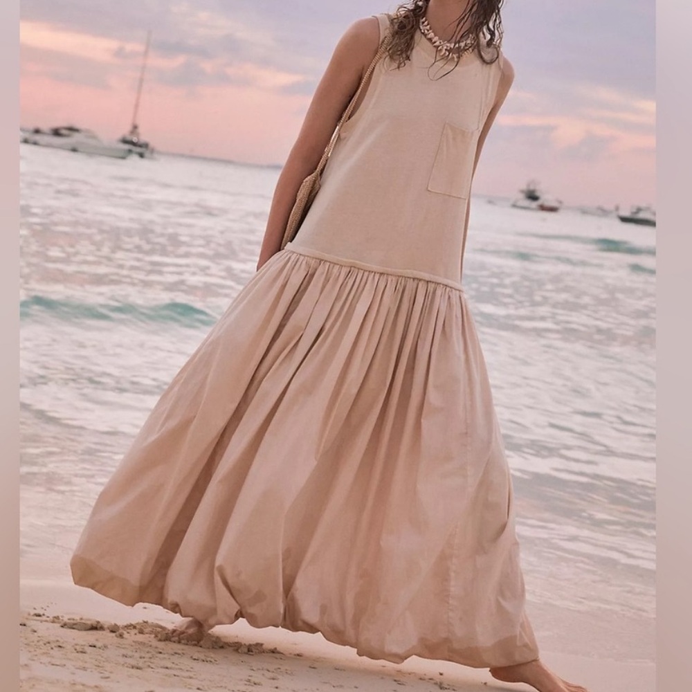 Free People Calla Lily Mixed Media Maxi Dress Pockets Drop Waist Bubble Skirt - Picture 1 of 16